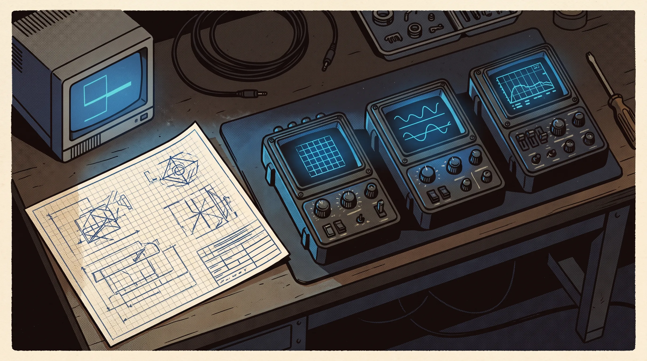 A machine-room workbench with three glowing instruments laid out beside blueprints and a small CRT.
