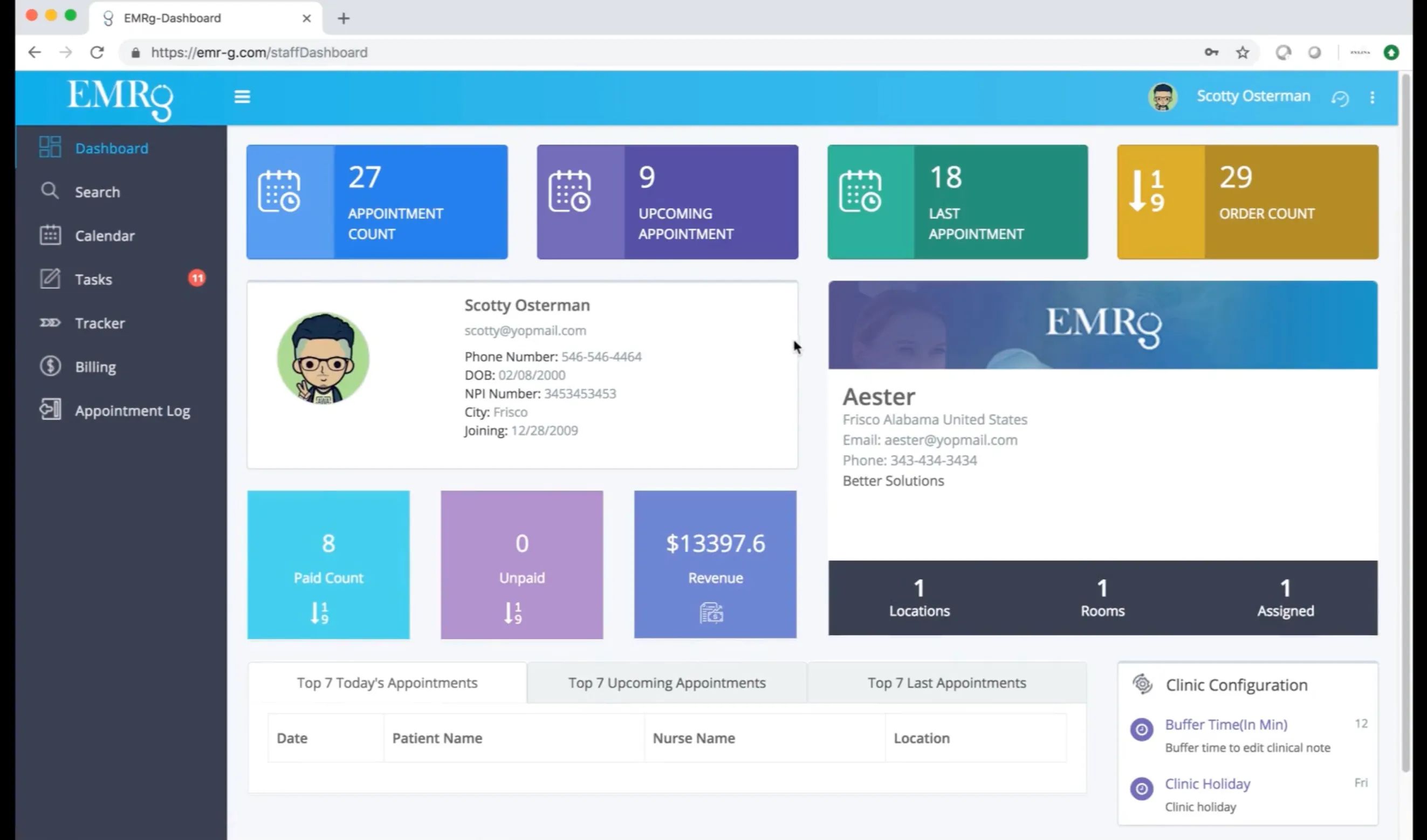 EMRg staff dashboard with appointment, order, and revenue tiles, populated with demo data