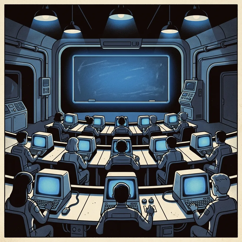 A retro-futuristic classroom of desks with small CRT terminals facing a glowing board.
