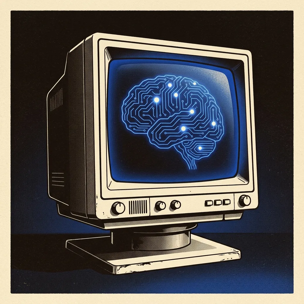 A large retro CRT on a pedestal displaying a glowing brain made of circuit traces.