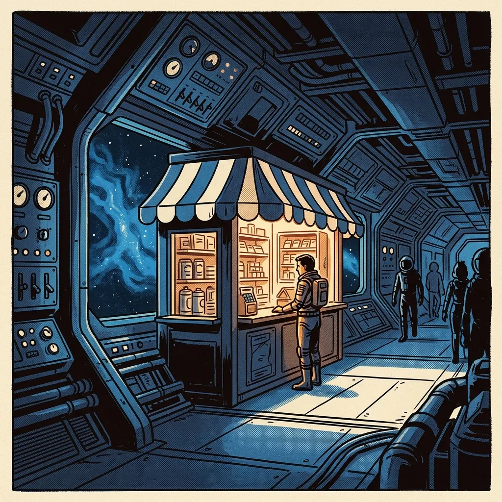 A one-person storefront kiosk with a striped awning built into a space-station corridor, warm light inside.