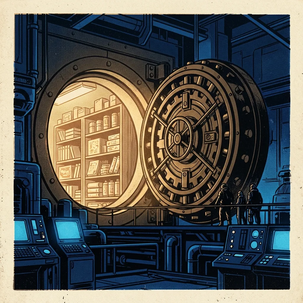 A massive round vault door half open onto warm light and shelves of glowing documents.
