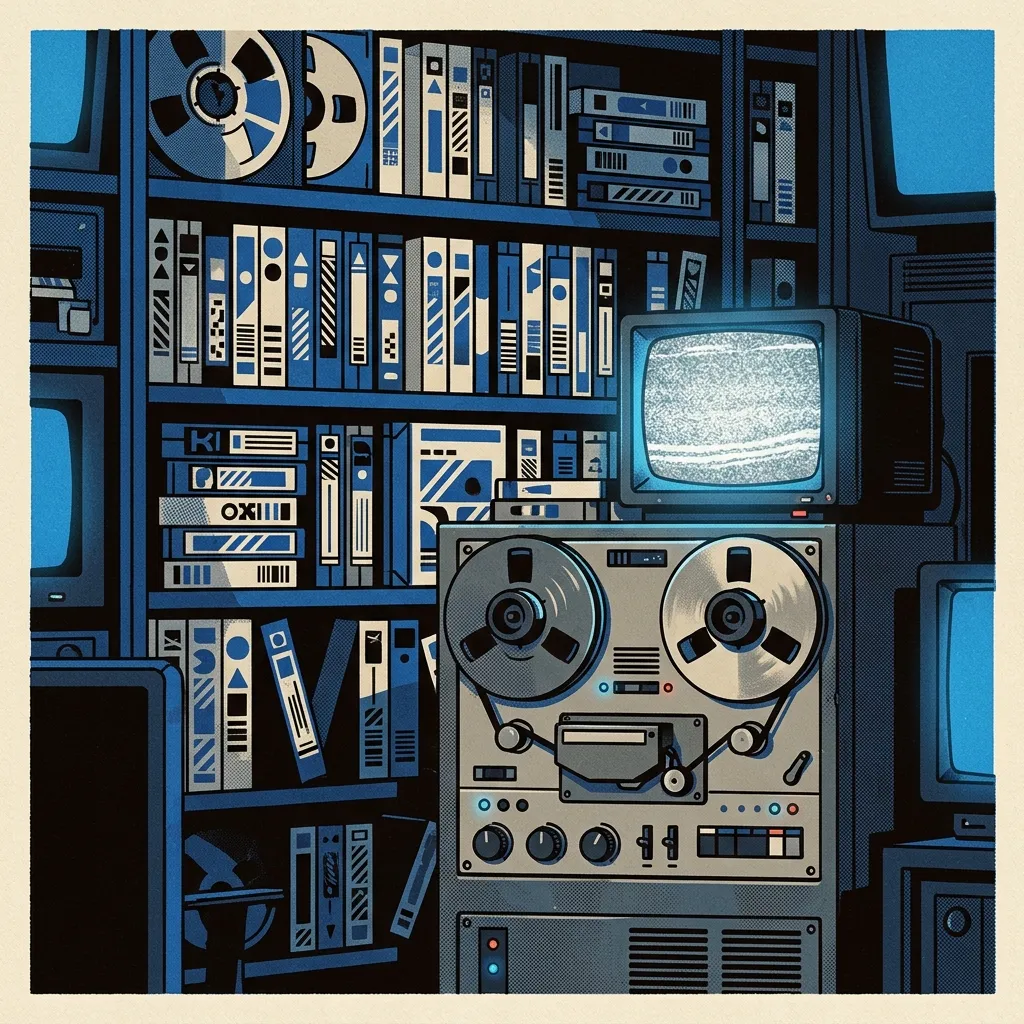 A wall of labeled tape reels beside a reel-to-reel machine mid-playback and a small glowing monitor.