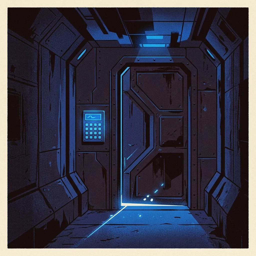 A locked door at the end of a dark corridor, light spilling from underneath beside a glowing keypad.