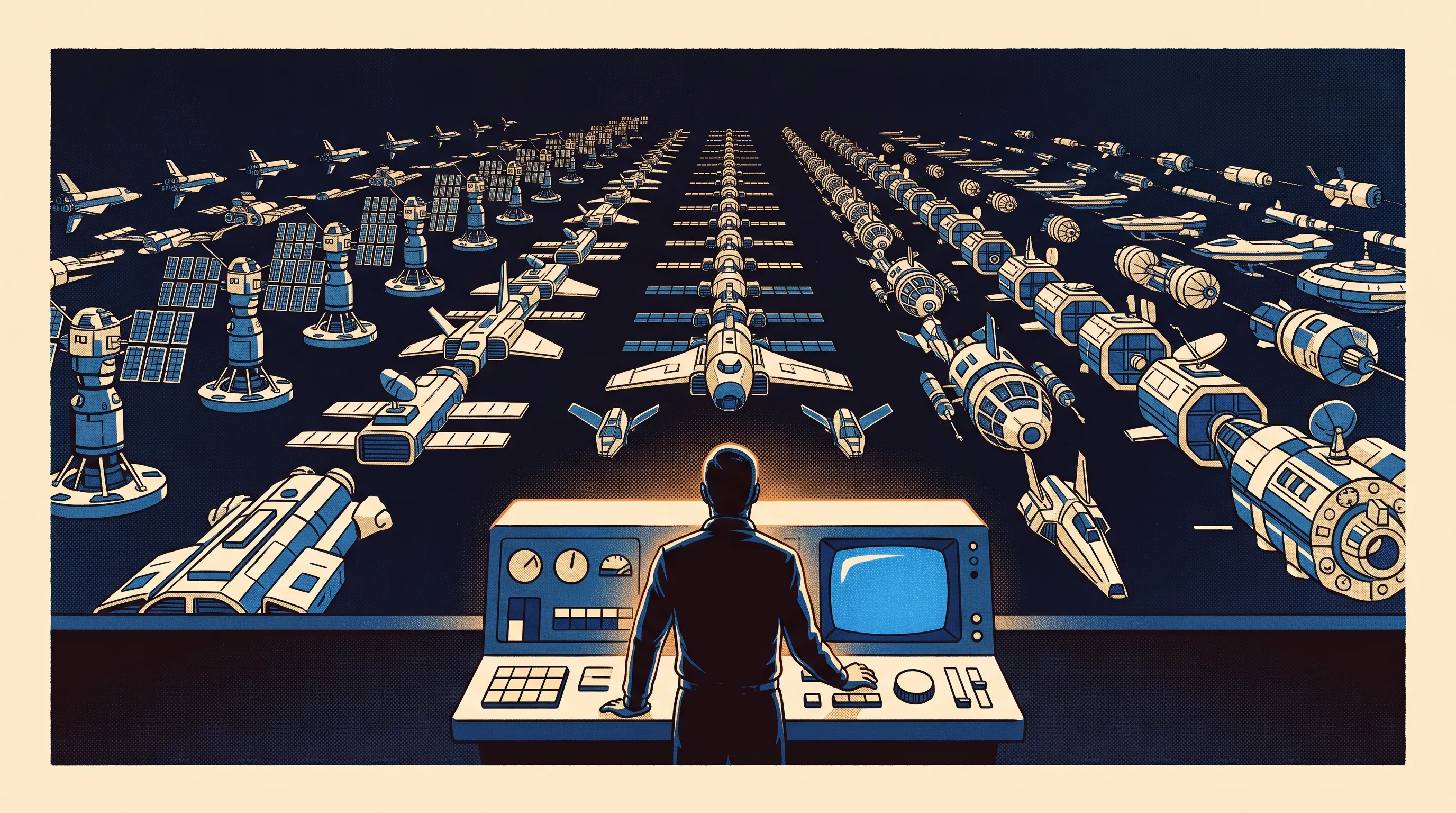 One figure at a single glowing console commanding an orderly fleet of retro-futuristic machines stretching into space.