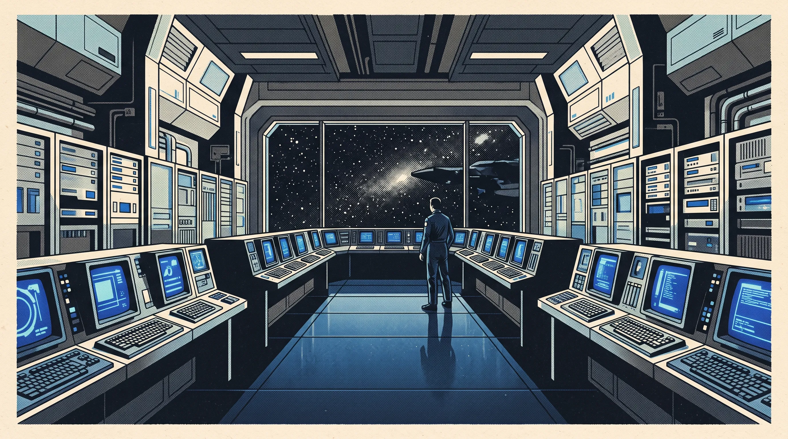 A vast 1980s control hall of glowing consoles opening onto a starfield, one aisle leading toward the stars.