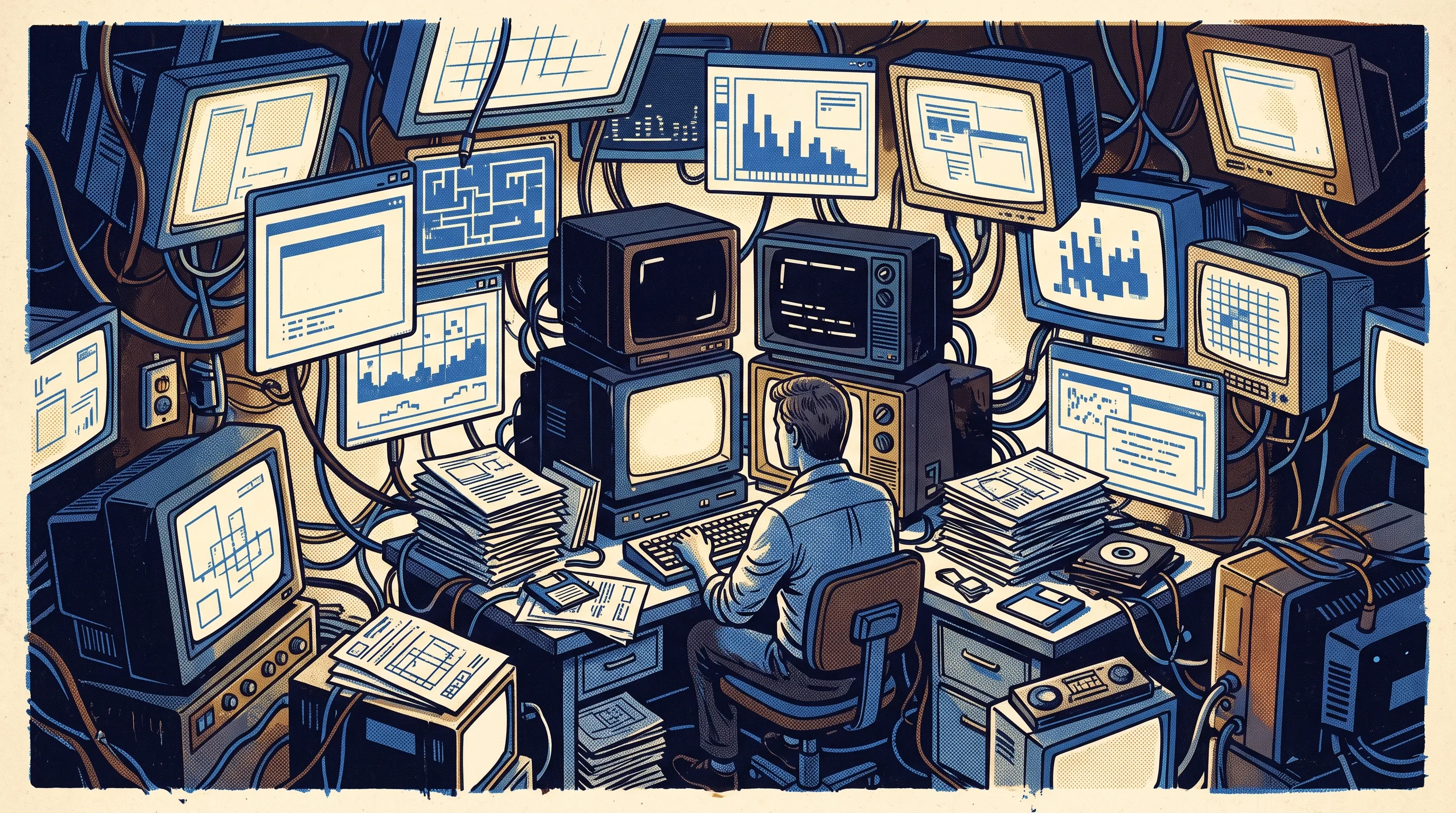 A founder at a small 1980s desk buried under a swarm of floating retro computer screens and paperwork.